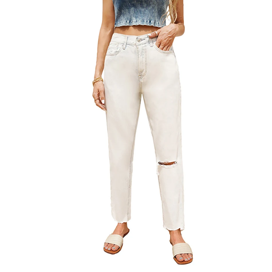 Sexy dames cropped jeans met hoge taille, rafelranden en scheuren – De perfecte jeans voor een trendy look