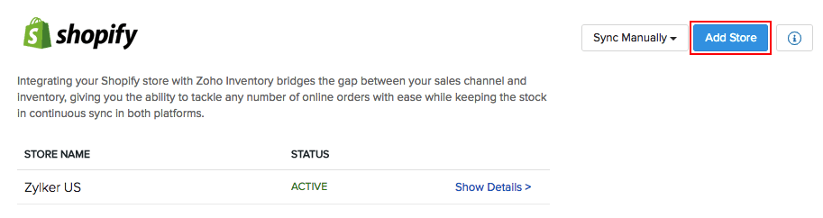 Zoho Shopify Integration: Add Store Option