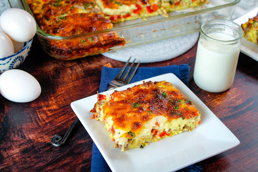 Slice of Pantry Breakfast Casserole on a plate.