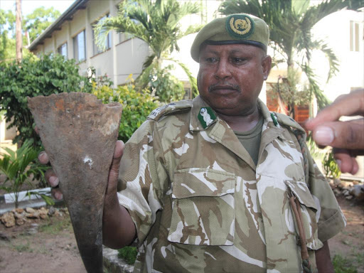 Kenya Wildlife Service Coast Conservation area assistant director Aden Alio displays a rhino horn which was recovered at Mama Ngina Drive Mombasa at Coast KWS headquarters Mombasa.