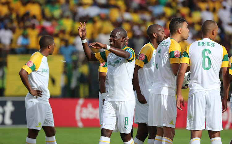 Mamelodi Sundowns players celebrate a goal.