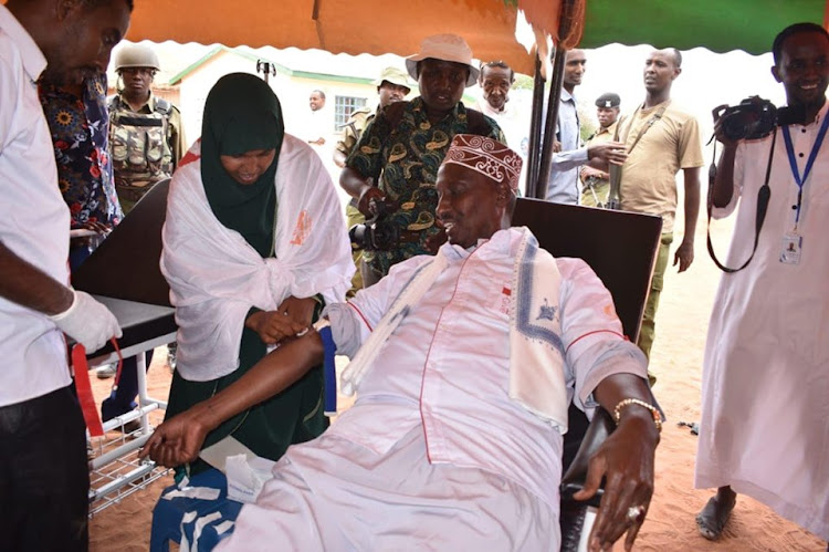 Wajir Governor Mohamed Abdi prepares to donate blood in Wajir town on Saturday