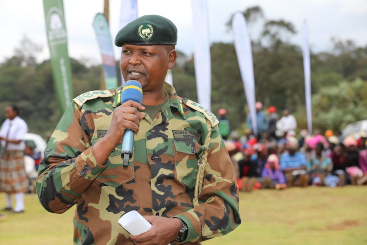 Kenya Forest Service acting chief conservator Alex Lemarkoko address people at Kireita forest in Kiambu county.