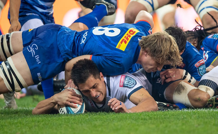 Harold Vorster of the Bulls scores a try in the United Rugby Championship final against the Stormers at Cape Town Stadium on June 18 2022.