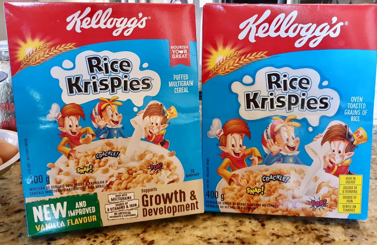 The new vs the old Rice Krispies packaging.