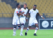 Vuyo Mere of Platinum Stars celebrates a goal with teammates during the Absa Premiership 2017/18 football match between Platinum Stars and Ajax Cape Town at Royal Bafokeng Stadium, Rustenburg on 01 November 2017. 