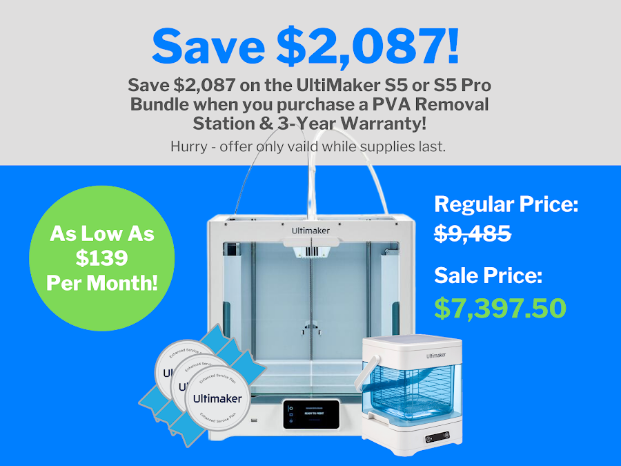 UltiMaker S5 3D Printer Pro Bundle with 3 Year Warranty + PVA Removal Station + Material Bundle 2