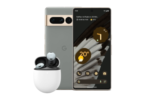 Image of a Pixel phone next to wireless earbuds