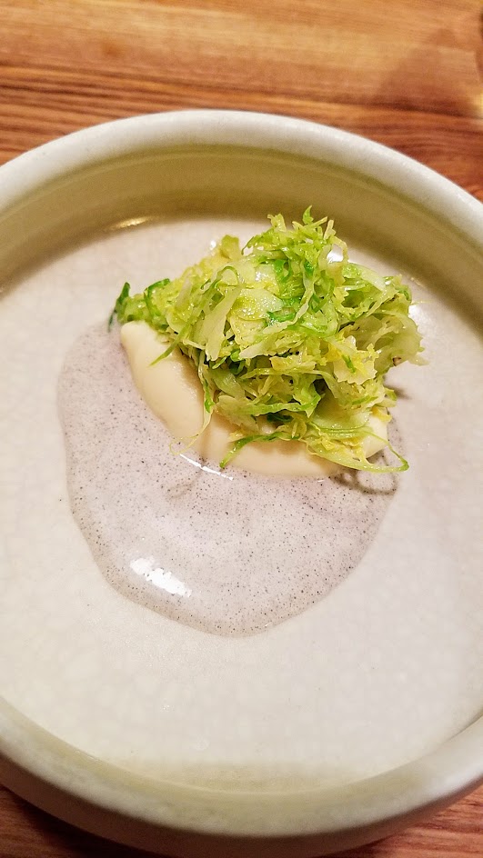 Farm Spirit 7:45 PM seating on December 16th dinner: Shredded brussels sprouts with celeriac puree, Meyer Lemon and Oregon Black Truffles