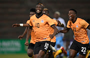 Zambian players Ricky Banda and Enock Sakala celebrate their win against Botswana in their Cosafa Cup quarterfinal at King Zwelithini Stadium in Umlazi on July 12 2022.