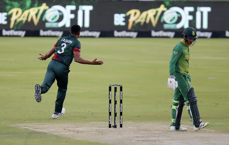 Ahmed Taskin of Bangladesh celebrates after dismissing Kyle Verreynne during the 1st ODI match between SA and Bangladesh at SuperSport Park in Centurion.