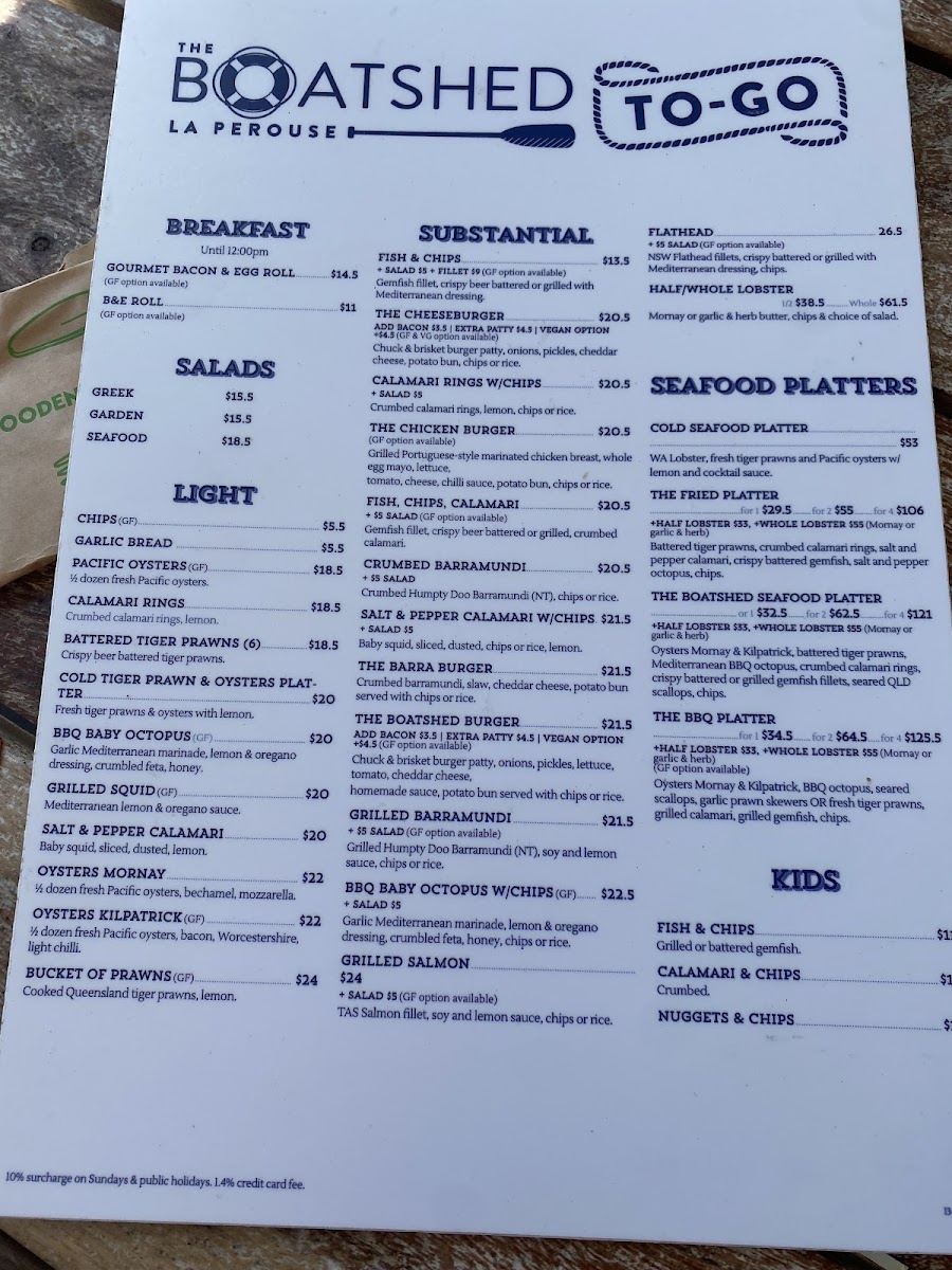 The Boatshed To-Go gluten-free menu