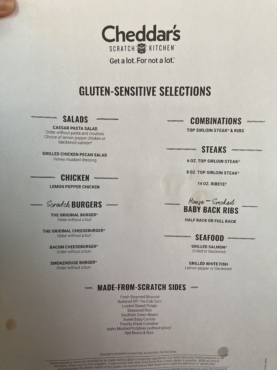 Cheddar's Scratch Kitchen gluten-free menu