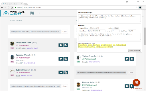 Custom whispers for warframe.market