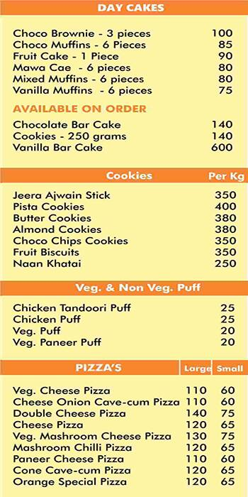 Orange Cakes & Bakers menu 