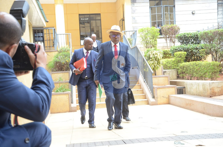 Former attorney general Githu Muigai arriving at Milimani Law Courts for presidential petition hearing on Tuesday, August 30, 2022.