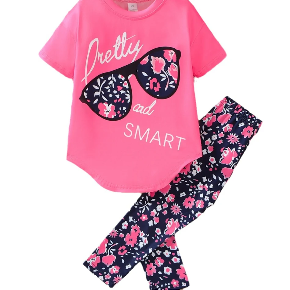 Girls Heat Transfer Patch Short Sleeve Round Neck Top and Casual Pants Suit. Comfortable and stylish outfit, perfect for