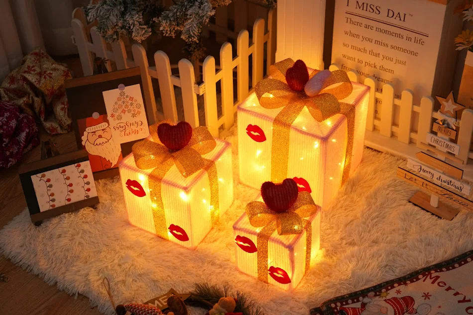 Kerstcadeaudoos verlichting met afstandsbediening Driedelige kerstdecoratie Eenvoudige bediening voor een feestelijke sfeer