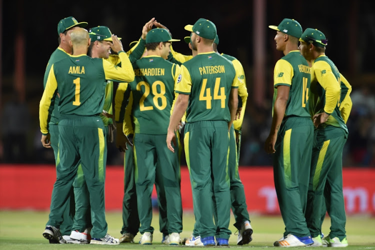 South Africa celebrating during the 1st KFC T20 match between South Africa and Bangladesh at Mangaung Oval on October 26, 2017 in Bloemfontein, South Africa.