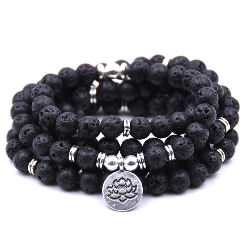 Silver Lotus Pendant Bouddha Beads Religion Yoga Bracelet
