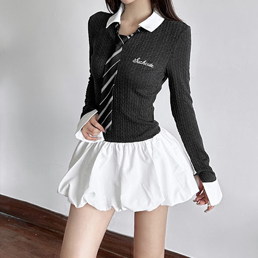 Title 2, College Style Stitching Design Tight Waist Dres...