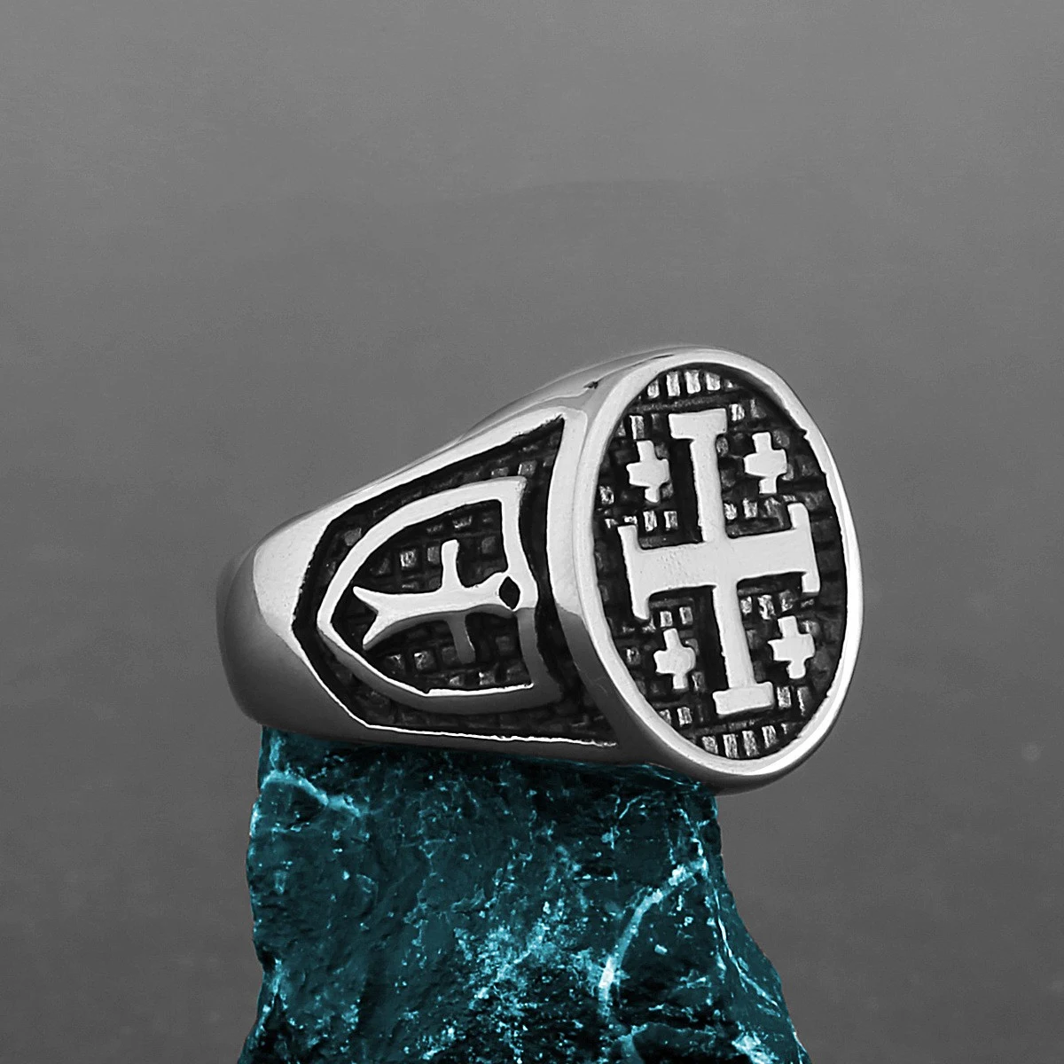 Title 4, Vintage Cross Titanium Steel Ring, a durable an...
