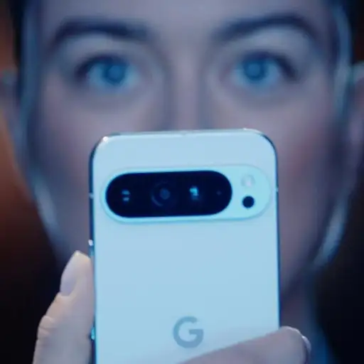 A woman holding a Pixel 9 Pro phone with the camera bar visible.