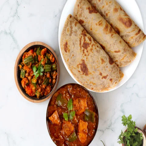 Kadhai Chicken, Bhindi Chana, Paratha Thali