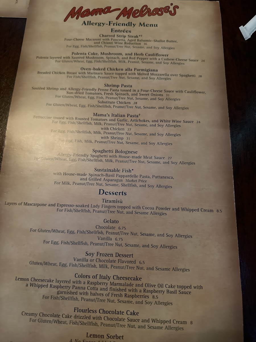 Mama Melrose's Ristorante Italiano gluten-free menu