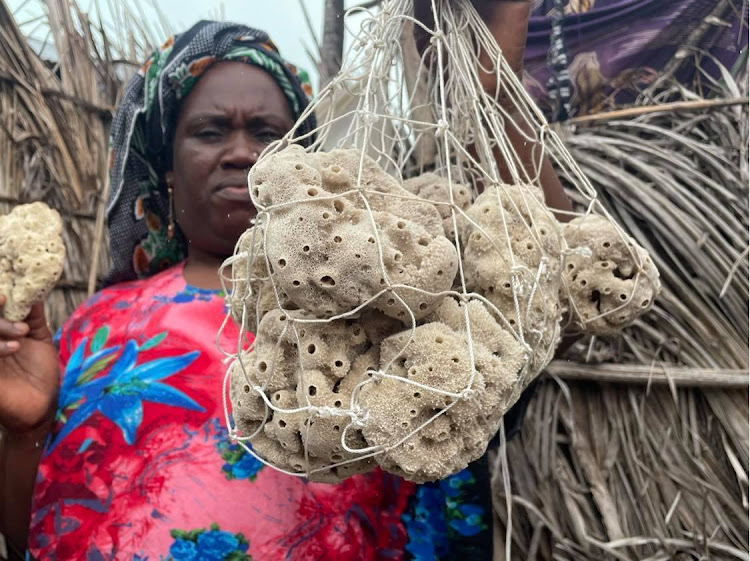 Nasir Hassan Haji holds up her harvested sponges in a bag from her home in Jambiani in Zanzibar, Tanzania.