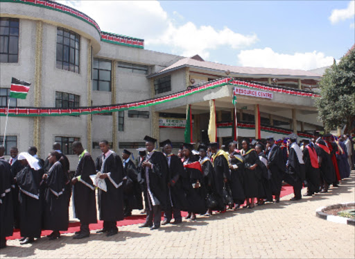 Students during a Charter Award ceremony at Dedan Kimathi University in Nyeri County in December last year,Kibaki is set to receive an honorary degree at the university on Friday Photo/Wambugu Kanyi