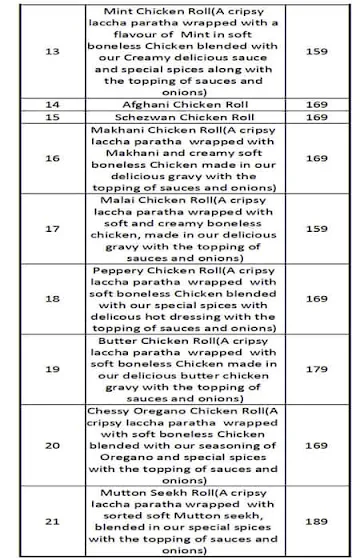 Baap Of Rolls menu 