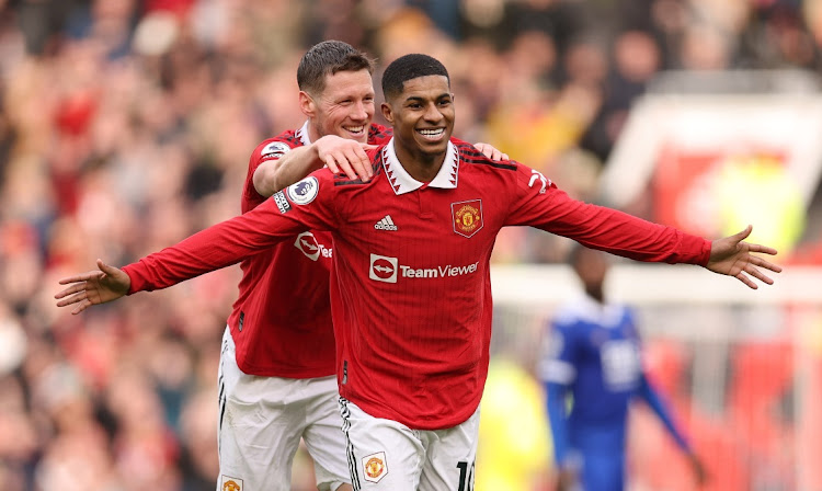 Marcus Rashford of Manchester United celebrates after scoring the team's second goal with teammate Wout Weghorst during the Premier League match between Manchester United and Leicester City at Old Trafford in Manchester, England, February 19 2023. Picture: RICHARD HEATHCOTE/GETTY IMAGES