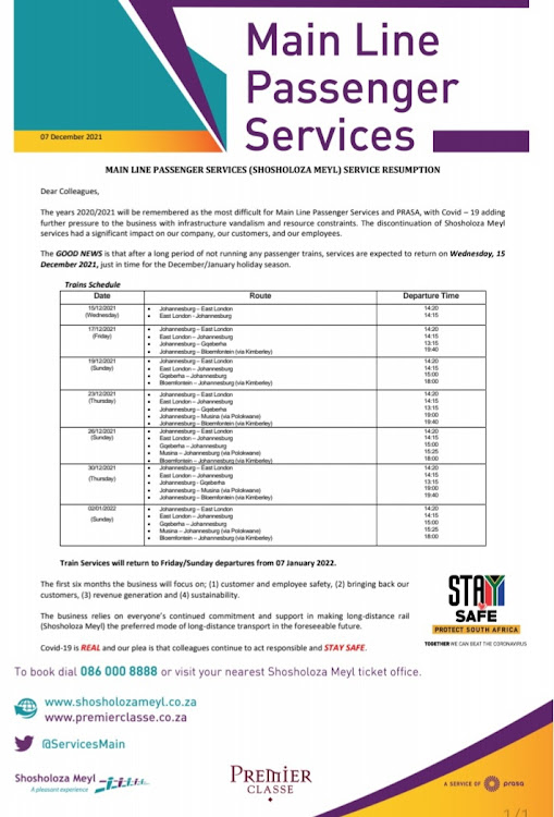 The Shosholoza Meyl timetable from December 15 to January 2