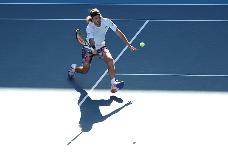 Stefanos Tsitsipas of Greece plays a forehand in the semifinal singles match against Karen Khachanov during day 12 of the 2023 Australian Open at Melbourne Park on January 27 2023.