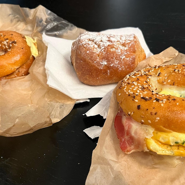 Everything bagels with egg, cheese, and bacon. And a chocolate stuffed croissant.