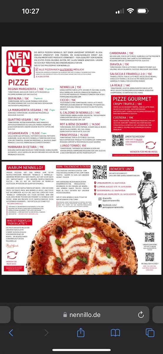 Antica Pizzeria Nennillo gluten-free menu