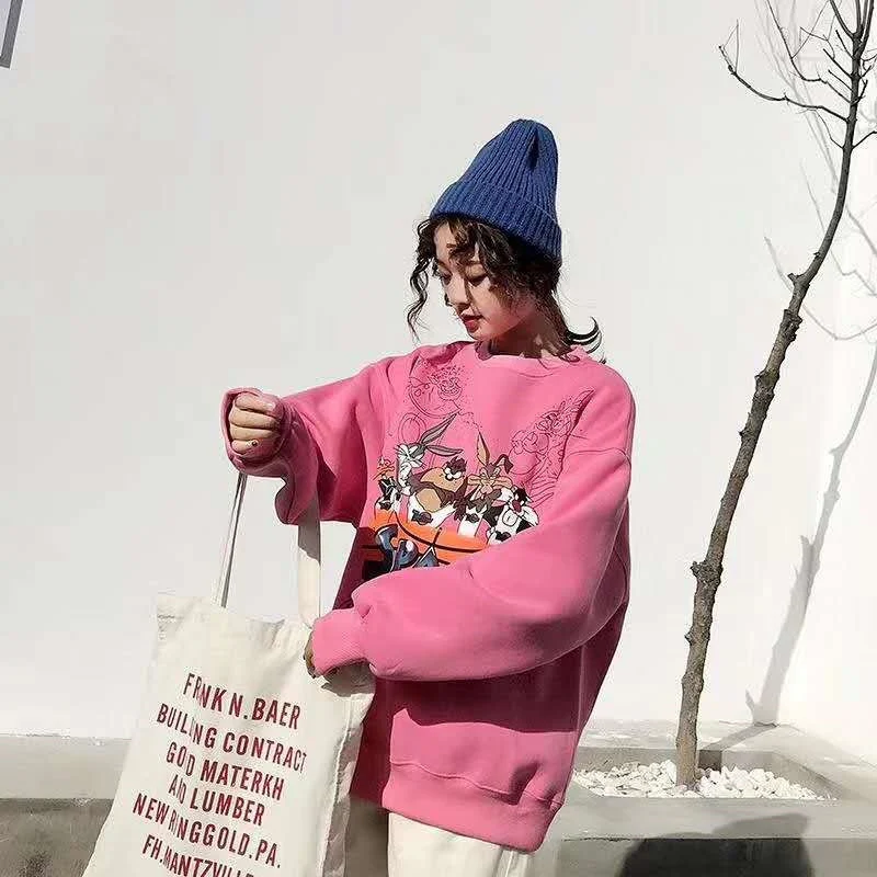 Sudadera holgada de mujer para otoño e invierno con forro polar y diseño de dibujos animados, simple y cómoda, ideal para el frío.