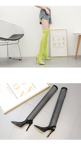 Title 11, Mesh cutout high heel stretch sock boots. Exper...