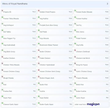 Royal Nandhana menu 
