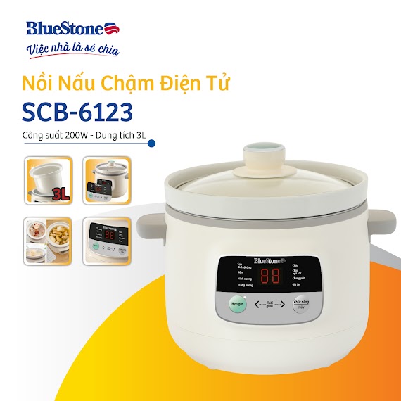 Nồi Nấu Chậm Bluestone Scb - 6123 - 3 Lít - 200W - Bảo Hành 2 Năm - Hàng Chính Hãng