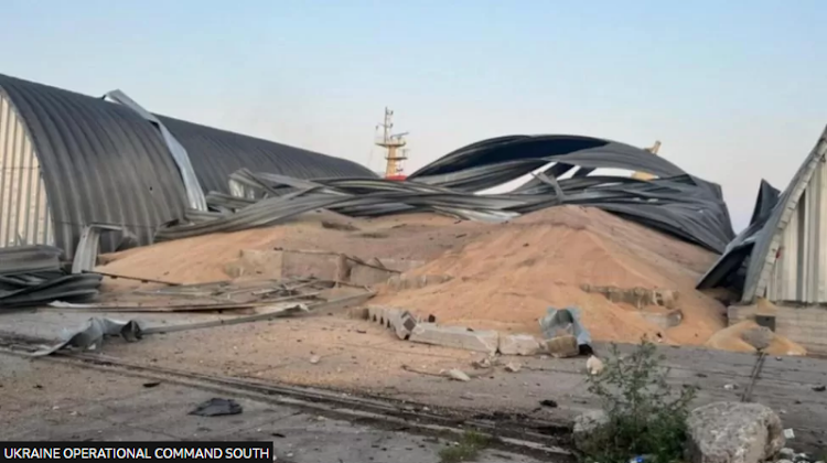 Photos provided by Ukraine's military show the destruction of grain stores in Reni