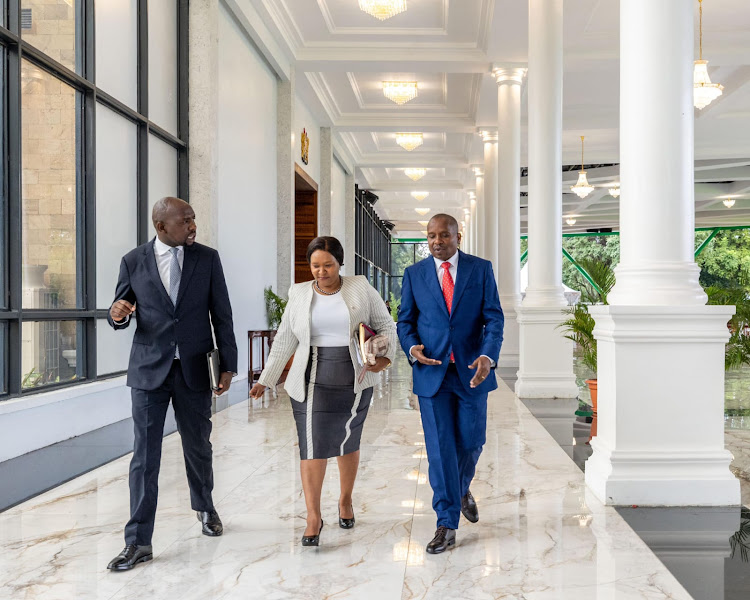 Cabinet Secretaries Kipchumba Murkomen (Transport), Rebecca Miano (Trade) and Kindiki Kithure (Interior) arrive for the cabinet meeting at Statehouse, Nairobi on April 30, 2024.