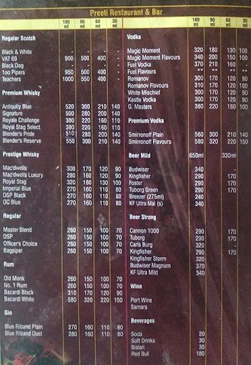 Preeti Restaurant & Bar menu 