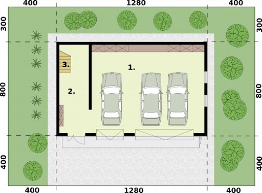 G355 garaż trzystanowiskowy z pomieszczeniem gospodarczym i poddaszem użytkowym - Rzut parteru