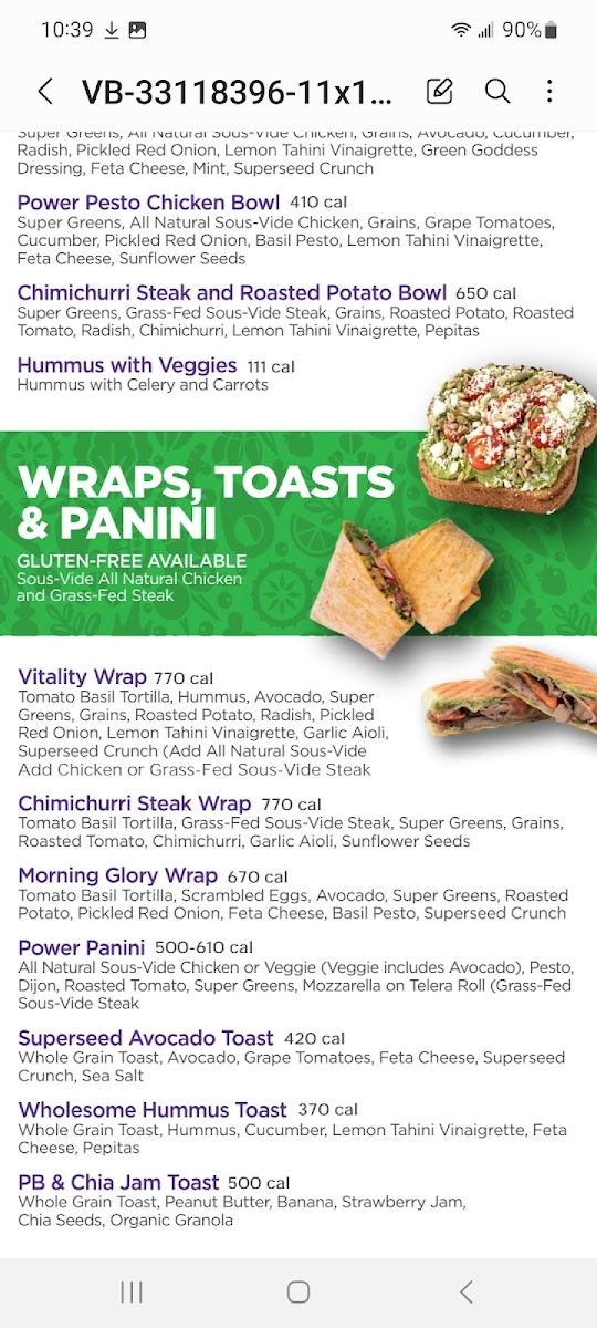 Vitality Bowls gluten-free menu