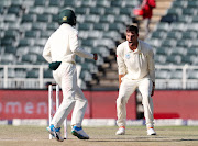 Duanne Olivier of South Africa celebrates a wicket during the 2018/19 Castle Lager 3rd Test Series match between South Africa and Pakistan at the Wanderers Stadium, Johannesburg on 13 January 2019.