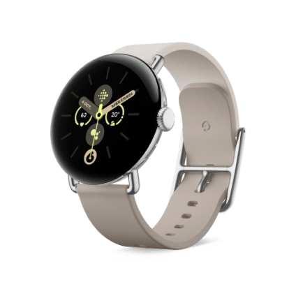 Angled Google Pixel Watch Two-Tone Leather band.