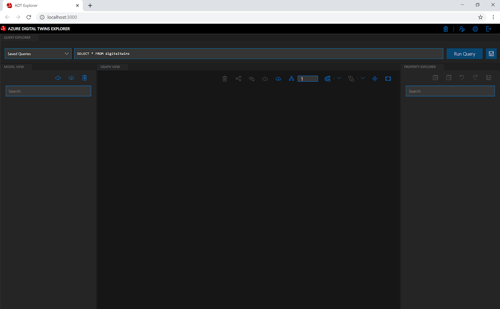 Browser window showing an app running at localhost:3000. The app is called Azure Digital Twins Explorer and contains boxes for Query Explorer, Model View, Graph View, and Property Explorer. There's no onscreen data yet.