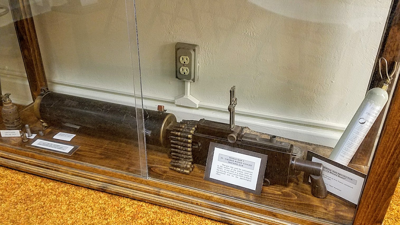 On display while visiting Folsom Prison Museum - a World War 1 30 caliber water cooled machine gun. This gun was used for enforcement in the window of the armory until the 1950s. It was fired in a short burst on the first day of each month both to keep it operational and for the psychological effect.